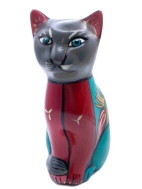Colorful hand painted folk art Mexican Talavera cat terracotta figurine 7+"
